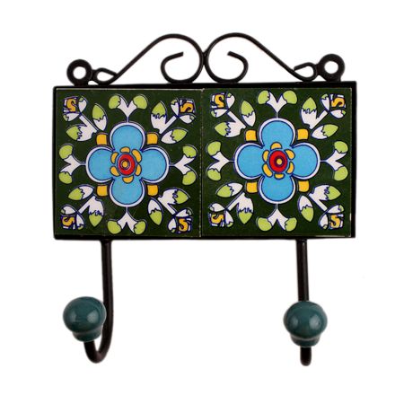 Green Floral Ceramic Tiles Hooks-462 (Set Of Ine Piece)